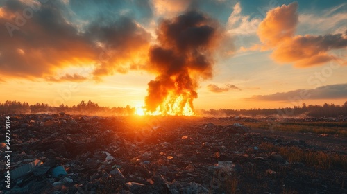 Burning garbage in a foggy park at twilight, with the sun setting behind thick mist.