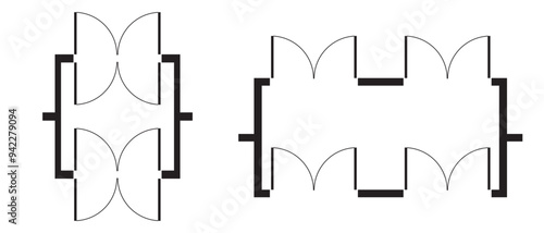 Set of door plan symbols. Supermarket, mall or store entrance icons. Floorplan elements in top view. Architecture signs for blueprint isolated on white background. Vector graphic illustration