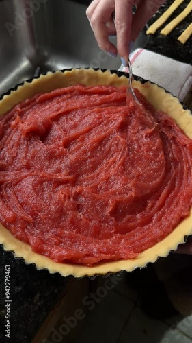 A girl spreading quince paste over the dough. Preparing pastafrola. photo