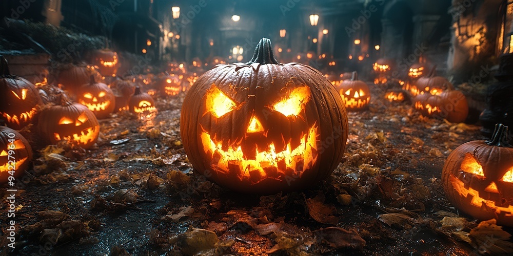 Walking Through a Dark Cave, Candles Set Up Inside and the Pumpkin Glows on Halloween Night. Traditional Halloween Symbol Walking Through a Dark Cave, Candles Set Up Inside and the Pumpkin Glows on Halloween Night. Traditional Halloween Symbol
