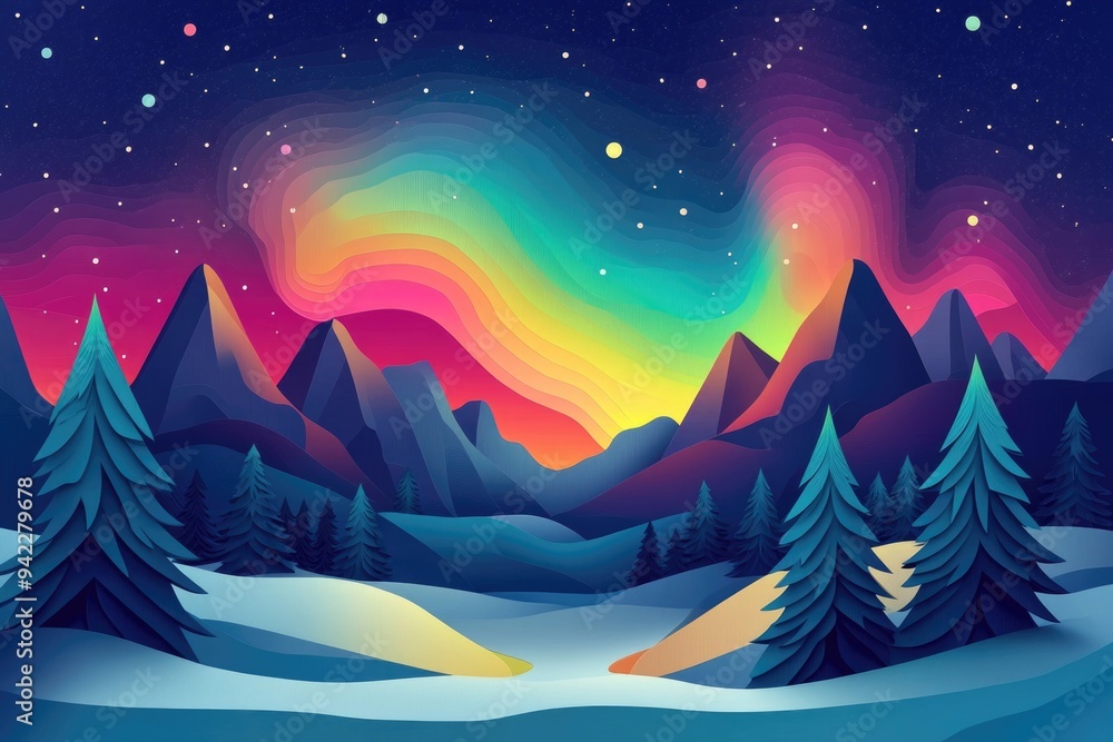Obraz premium Papercut style illustration, colorful 2D whimsical landscape featuring the Northern Lights