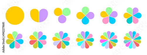 Set of flower diagrams divided on equal sections from 1 to 12. Floral pie charts with colorful leaves isolated on white background. Round-shaped templates for data presentation. Vector illustration.