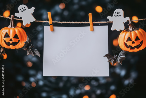 Halloween-themed illustration featuring pumpkins, ghosts, and bats hanging with a blank note against a dark background. Generative AI