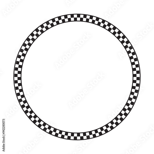 Round frame with black and white checkered print. Circle shaped vignette with checkerboard, race flag or chess game plane pattern. Geometric framework. Vector graphic illistration