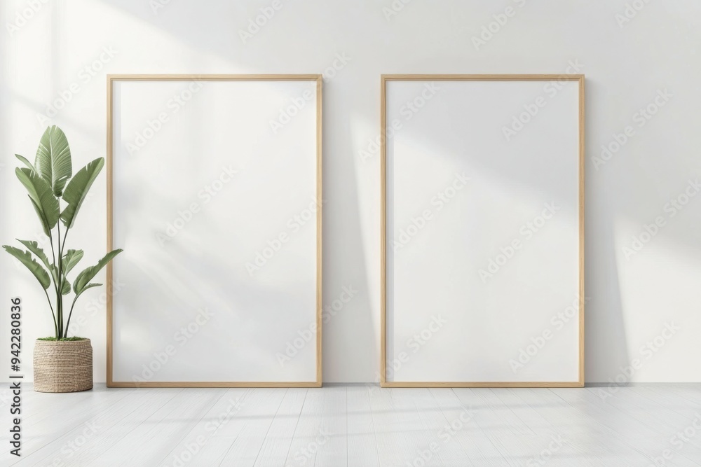 Portrait empty wooden frame mockup in sunlight. Minimalistic composition of sitting room interior with white mock up frame. Scandinavian interior design
