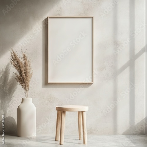 mock up poster frame in modern interior background, minimalistic modern clean empty living room, with plant and furniture. Scandinavian style