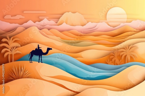 Papercut style illustration, colorful 2D whimsical depiction of a vast desert landscape with a mirage

