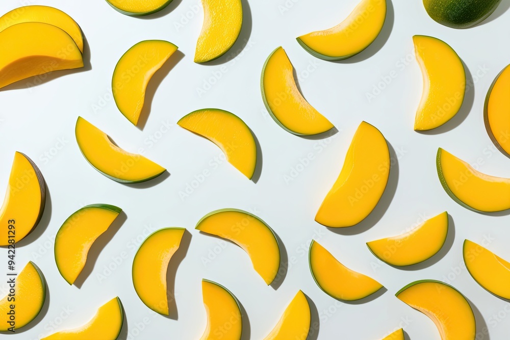 Vibrant Mango Slices in Flight on Bright White Background Vibrant Mango Slices in Flight on Bright White Background