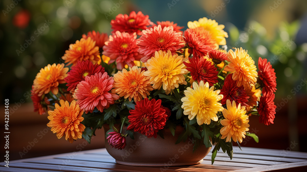 Vibrant Autumn Chrysanthemums In A Terra Cotta Pot On A Wooden Table Vibrant Autumn Chrysanthemums In A Terra Cotta Pot On A Wooden Table