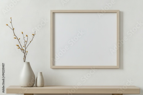 Blank picture frame mockup on wall. Light room minimal design. View of modern scandinavian style interior with artwork mock up on wall. Home staging and minimalism concept