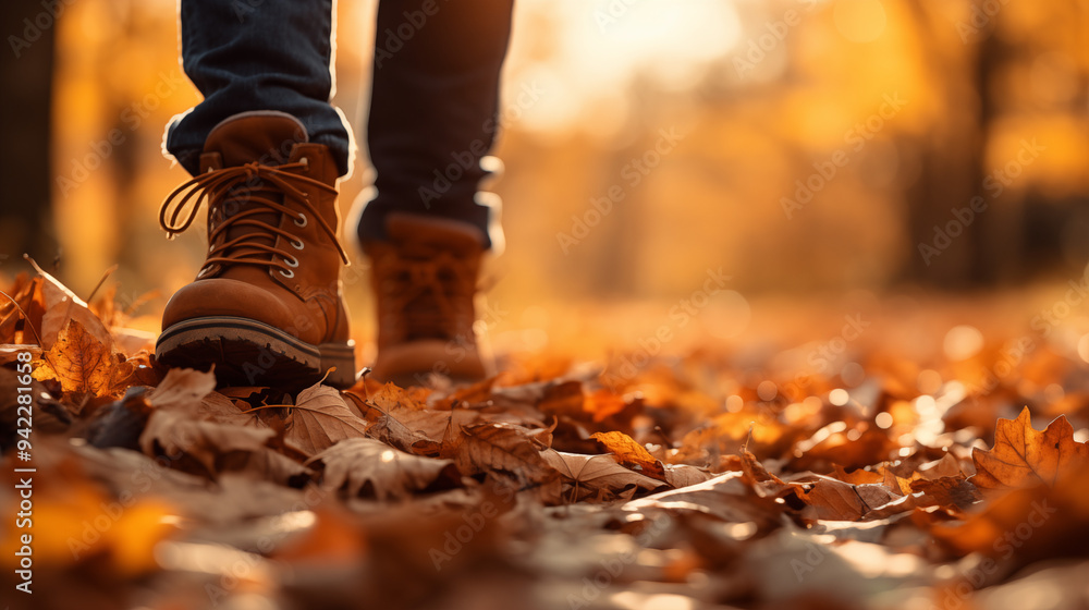 Walking Through Autumn Leaves In Brown Hiking Boots On A Forest Trail Walking Through Autumn Leaves In Brown Hiking Boots On A Forest Trail
