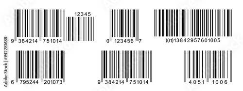 Set of barcode label templates isolated on white background. Collection of barcode icons. Visual digital data representation with merchandise information. Vector graphic illustration