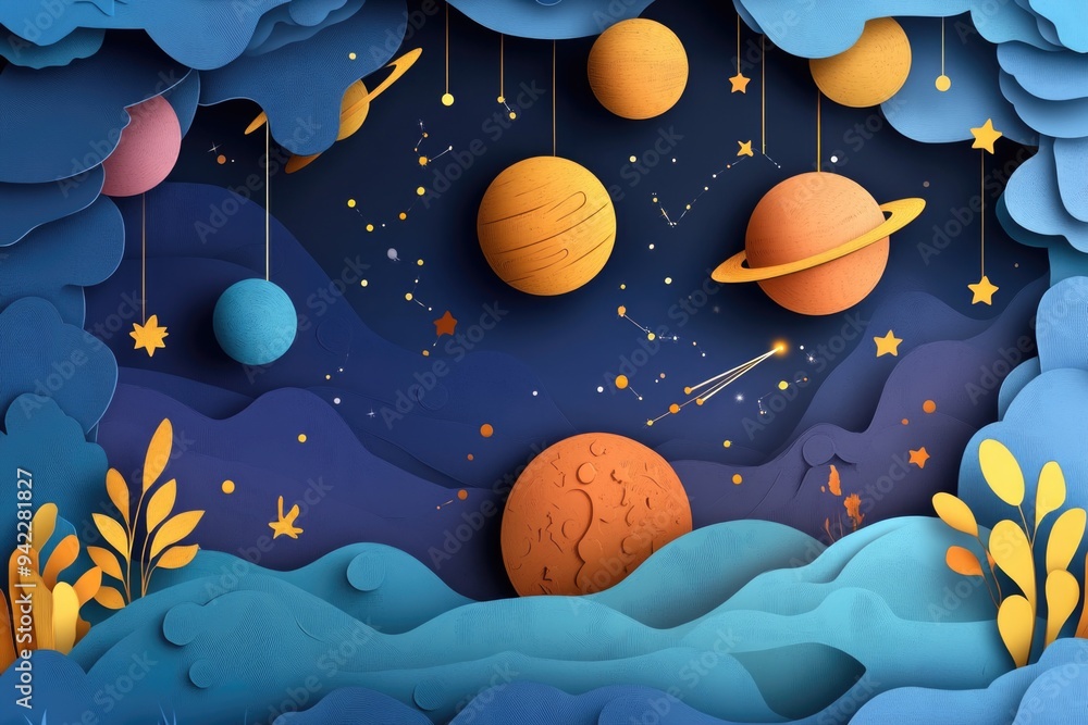 Fototapeta premium Papercut style illustration, colorful 2D whimsical celestial scene featuring the wonders of the night sky