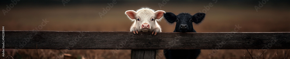 Fototapeta premium A cute group of baby farm animals looking over a wooden fence. 
