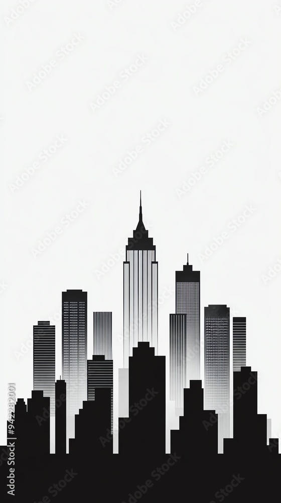 Naklejka premium Stylized monochrome silhouette of a city skyline, featuring iconic buildings and a minimalist design aesthetic.