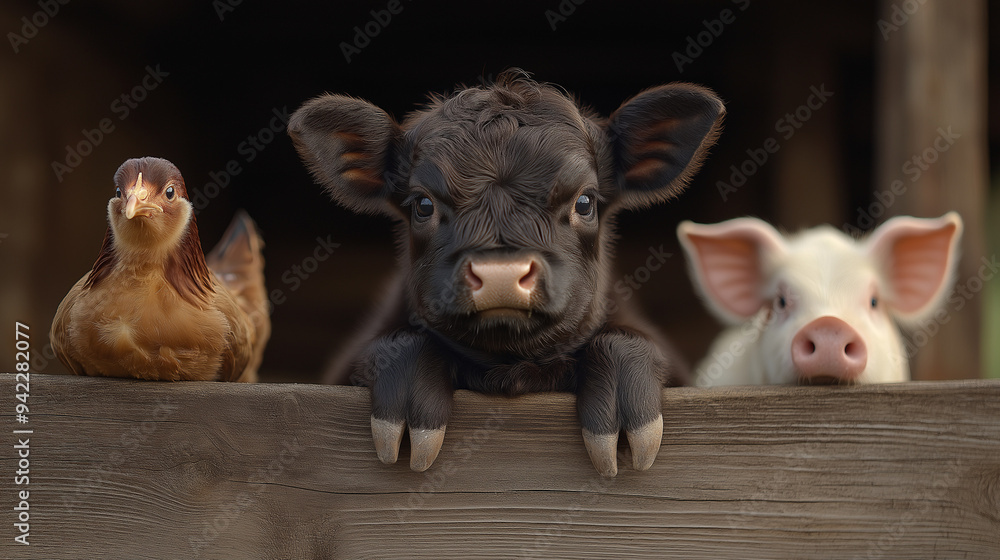 A cute group of baby farm animals looking over a wooden fence. A cute group of baby farm animals looking over a wooden fence.