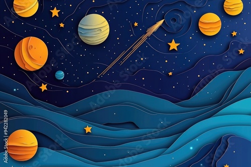 Papercut style illustration, colorful 2D whimsical celestial scene featuring the wonders of the night sky