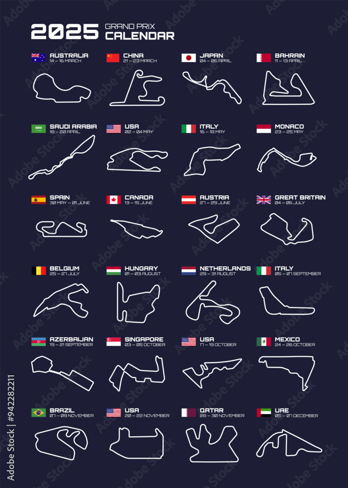 Race tracks, circuit for motorsport and auto sport. Calendar season