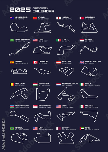 Race tracks, circuit for motorsport and auto sport. Calendar season 2025. Vector poster