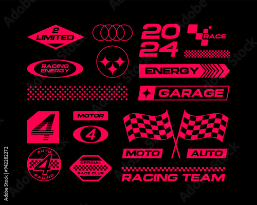 Set streetwear auto racing logo ideas for a clothing brand. Design vector typography for decals auto and t-shirt streetwear clothing y2k style.