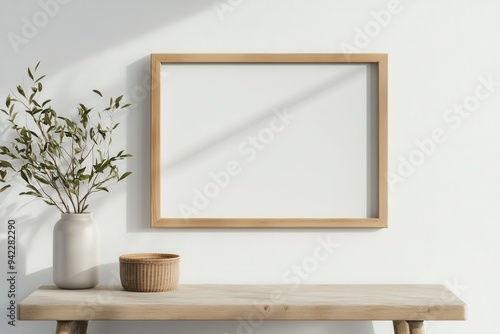 Blank picture frame mockup on wall. Light room minimal design. View of modern scandinavian style interior with artwork mock up on wall. Home staging and minimalism concept