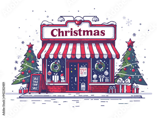 Christmas shop. Shop with christmas tree and presents. Vector illustration.