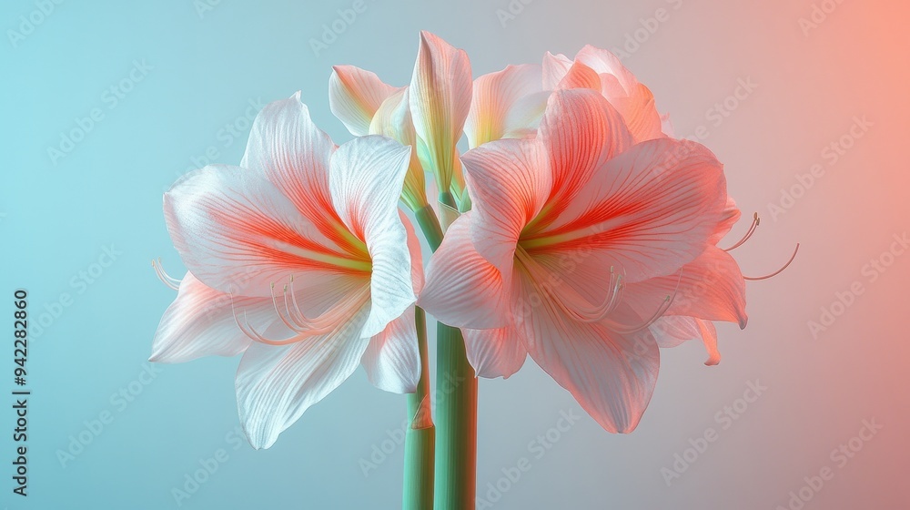 Delicate Pink Amaryllis Flower in Soft Blue and Orange Gradient Background Delicate Pink Amaryllis Flower in Soft Blue and Orange Gradient Background