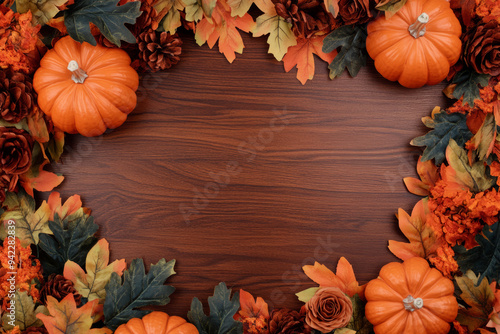 Autumn pumpkins and leaves on a wooden background. Ideal for Thanksgiving or fall-themed designs. photo