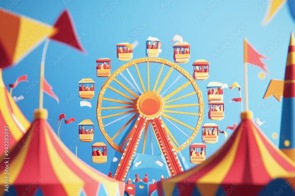 Papercut style illustration, colorful 2D whimsical scene capturing the excitement of a carnival or fair Papercut style illustration, colorful 2D whimsical scene capturing the excitement of a carnival or fair