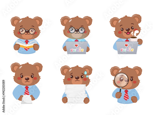 Cute little bear mascot office man working character in job. illustration vector premium.
