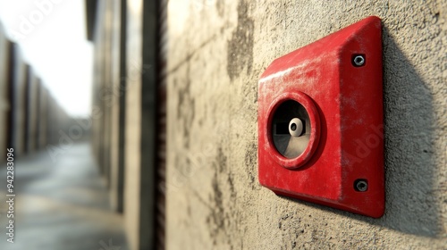 Detailed view of an empty red emergency box mounted on a wall.