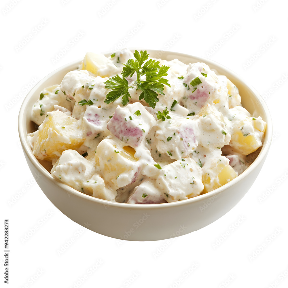 Collection of bowls with potato salad with mayo and vinaigrette dressing isolated on white background Collection of bowls with potato salad with mayo and vinaigrette dressing isolated on white background