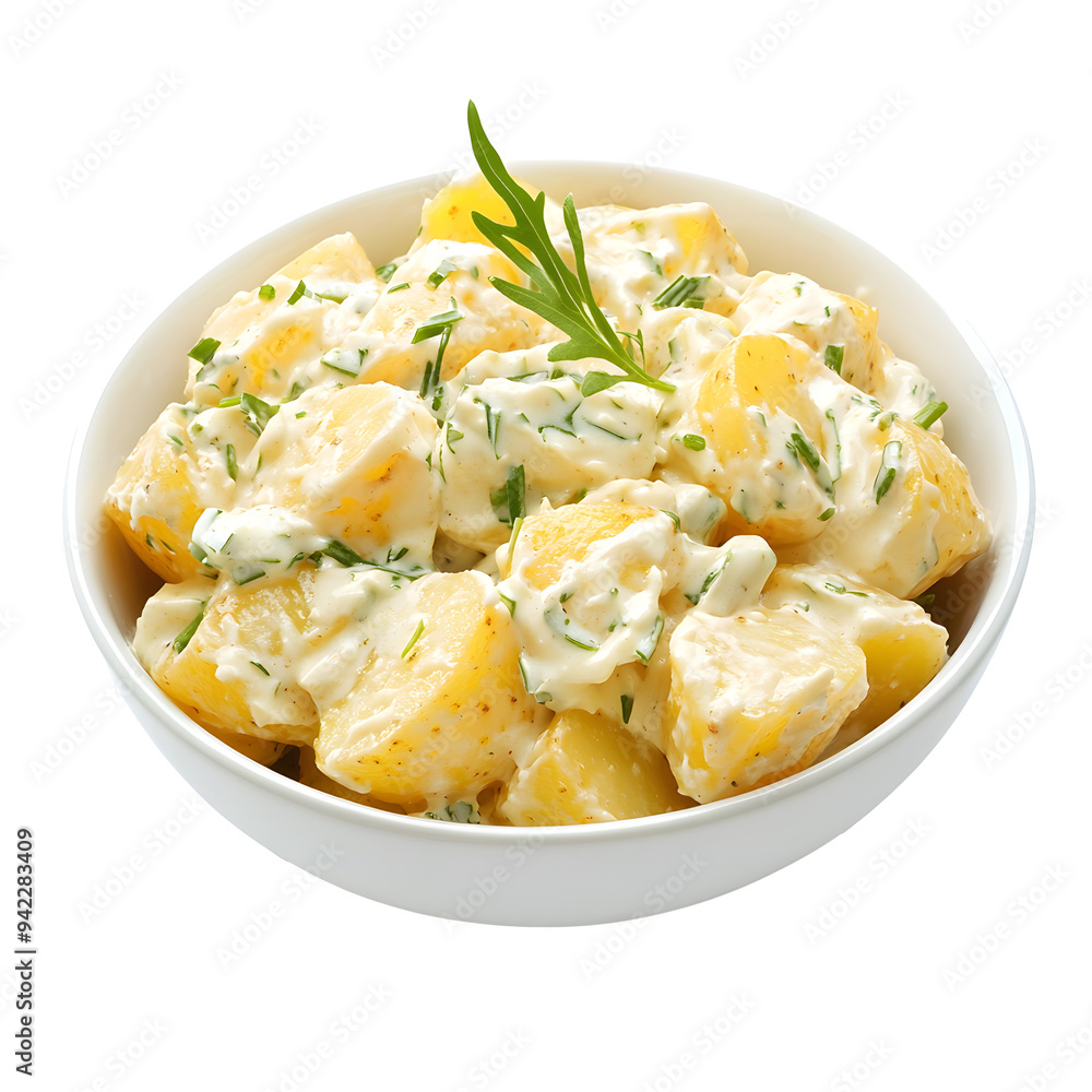 Collection of bowls with potato salad with mayo and vinaigrette dressing isolated on white background Collection of bowls with potato salad with mayo and vinaigrette dressing isolated on white background