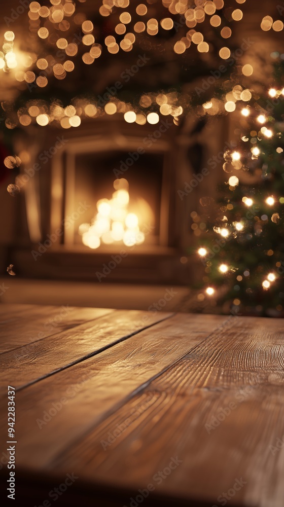 Warm and Merry Christmas Scene with Wooden Table, Blurry Fireplace, and Holiday Lights Warm and Merry Christmas Scene with Wooden Table, Blurry Fireplace, and Holiday Lights