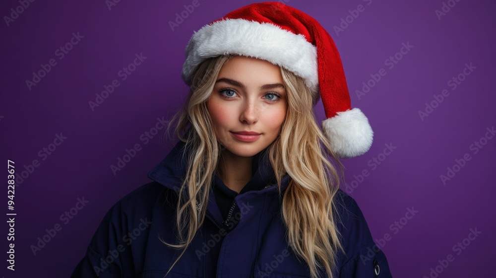 Waist-up portrait of a white woman firefighter wearing Santa hat on a purple background, copy space for text Waist-up portrait of a white woman firefighter wearing Santa hat on a purple background, copy space for text