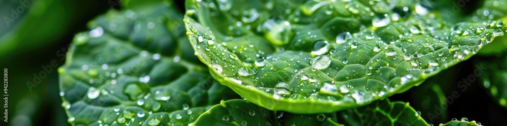Close-up with Shallow Depth of Field of water droplets on a green Brussels sprouts seedling leaf shimmering after a summer rain, giving young plants a revitalizing drink. Close-up with Shallow Depth of Field of water droplets on a green Brussels sprouts seedling leaf shimmering after a summer rain, giving young plants a revitalizing drink.