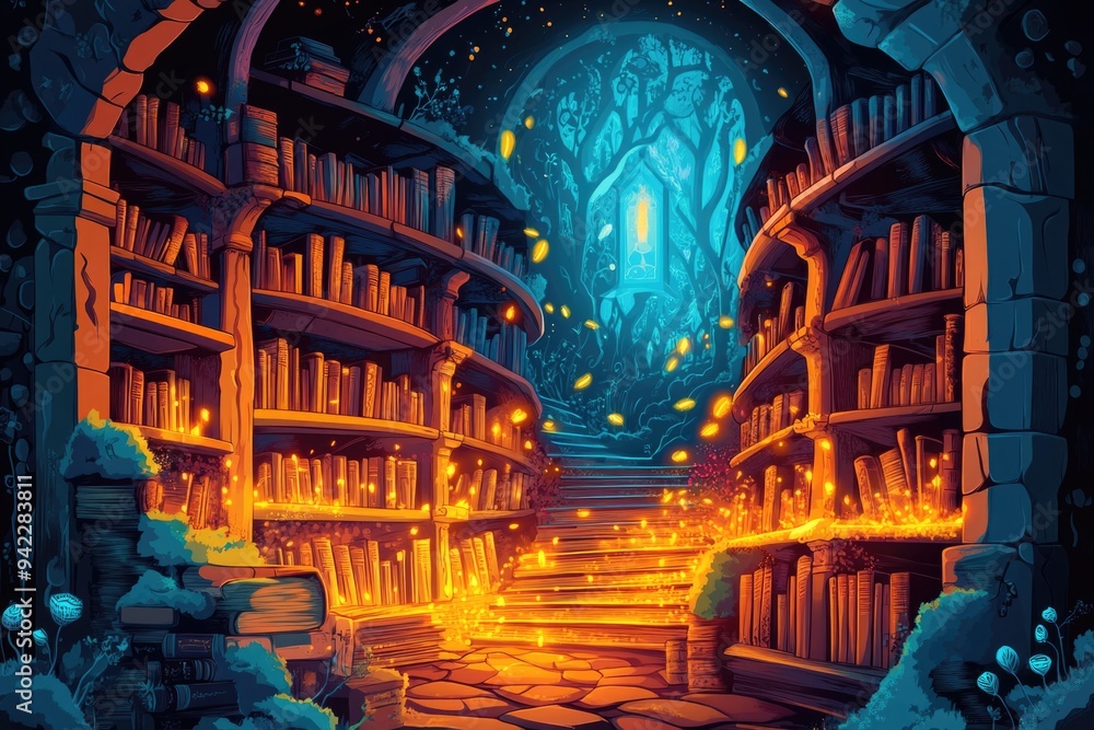 Obraz premium Papercut style illustration, colorful 2D whimsical scene set inside an old, magical library