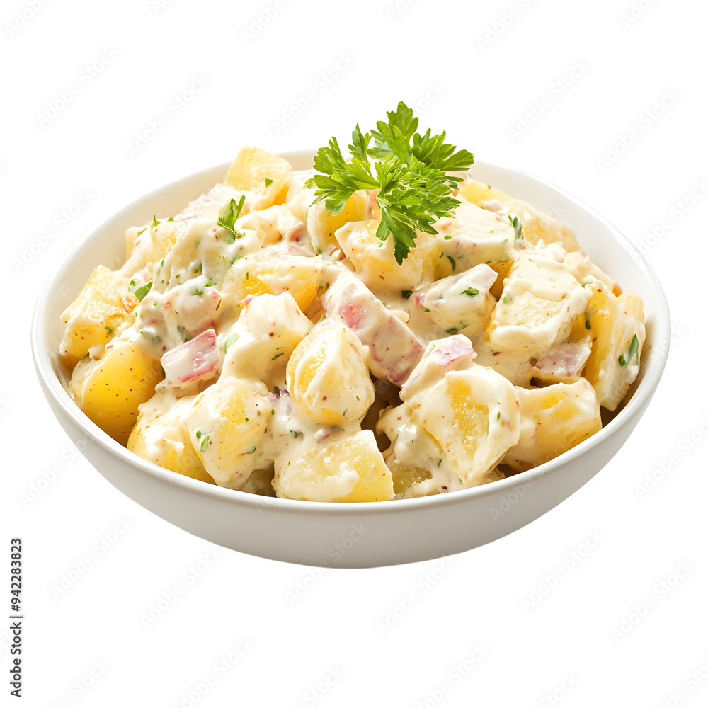Collection of bowls with potato salad with mayo and vinaigrette dressing isolated on white background Collection of bowls with potato salad with mayo and vinaigrette dressing isolated on white background