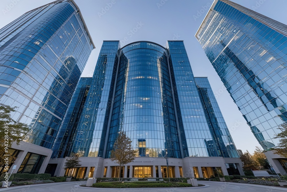 Fototapeta premium Sleek Business Center Featuring Stunning Glass Design and Architectural Sophistication
