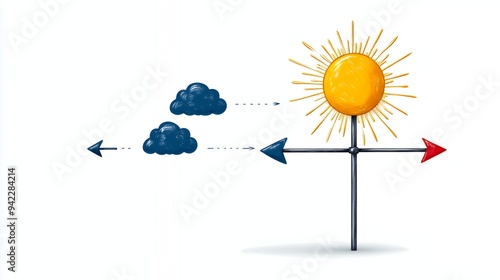 A weather vane illustration showing sun and clouds with directional arrows. photo