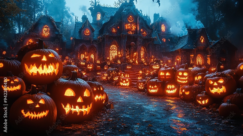 Walking Through a Dark Cave, Candles Set Up Inside and the Pumpkin Glows on Halloween Night. Traditional Halloween Symbol Walking Through a Dark Cave, Candles Set Up Inside and the Pumpkin Glows on Halloween Night. Traditional Halloween Symbol