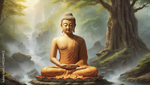 painting of Gautama Buddha Statue at sunset