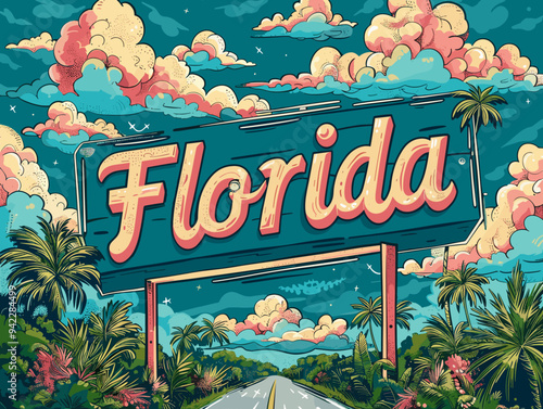 Florida city, USA. Touristic Greeting Card, travel poster from Florida. Art Vector Illustration