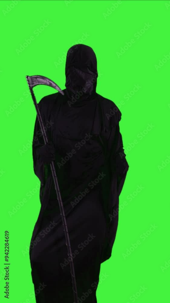 vertical Grim reaper in Halloween costume with a scythe dancing joyfully on a green screen vertical Grim reaper in Halloween costume with a scythe dancing joyfully on a green screen
