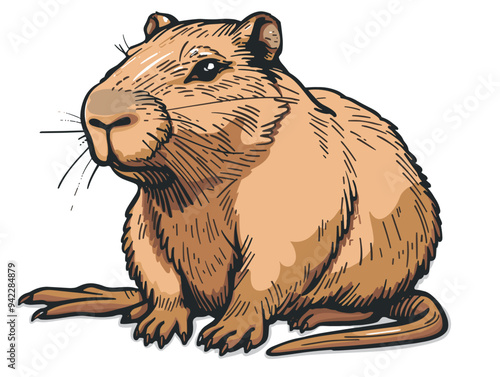 A cute little nutria with a long tail and a cute face. It is sitting on a white background