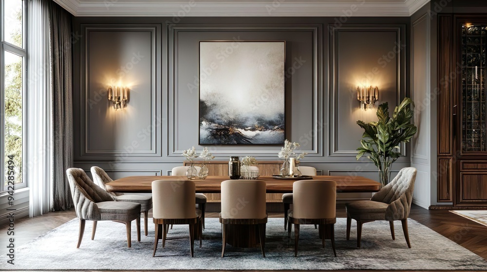 Fototapeta premium Chic Dining Room Decor with a Wooden Table and Elegant Chairs in a Stylish Setting photo