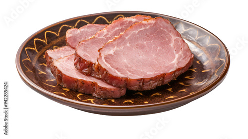 Pressed ham meat on a plate isolated over white background photo