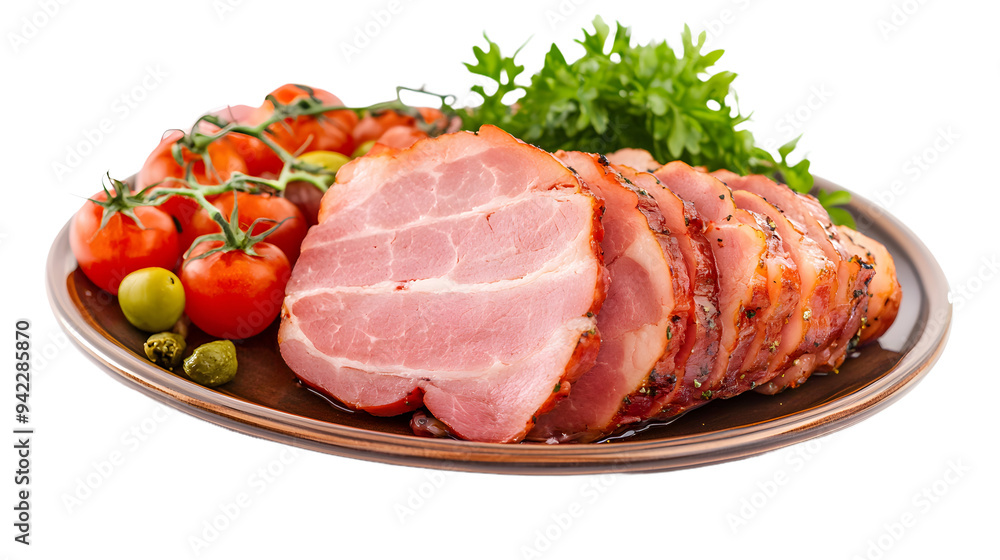 Pressed ham meat on a plate isolated over white background Pressed ham meat on a plate isolated over white background