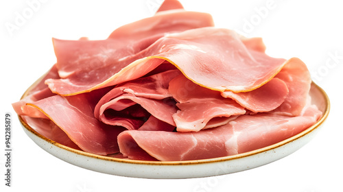 Pressed ham meat on a plate isolated over white background photo