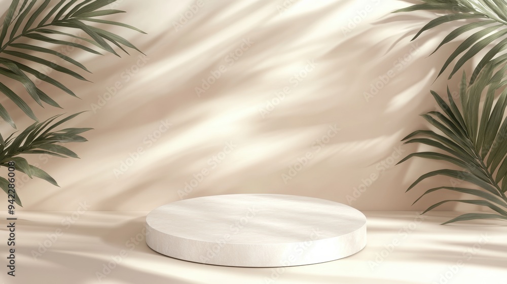 Minimalist Beige Product Display with Palm Leaf Shadows Minimalist Beige Product Display with Palm Leaf Shadows
